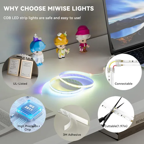 Vista 5 de MIWISE Tira de luces LED COB USB de 5 V, tira LED RGB inteligente IC con control de aplicación, sincronización de música direccionable por