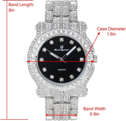 Vista 33 de Charles Raymond Bling-ed Out Ultimate Hip Hop Royalty Reloj para hombre con número romano de fácil lectura o indicadores de tiempo de diamantes