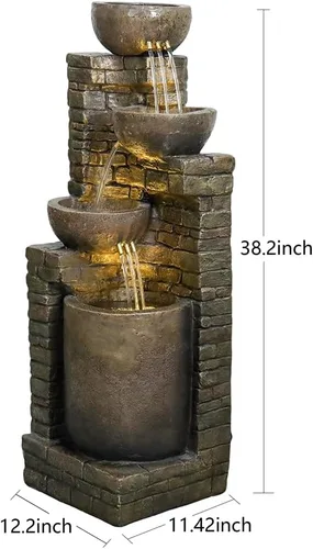 Vista 7 de Hamiedun Fuente de agua de 38.2 pulgadas de alto para exteriores, cuencos en cascada y piedras apiladas con luces LED, fuente de cascadas