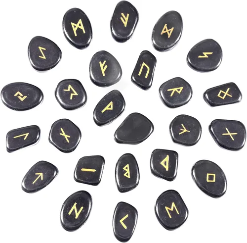 Vista 7 de Nupuyai Juego de piedras rúnicas naturales de cristal pulido de brujas con alfabeto rúnico Futhark de élder grabado para meditación y curación