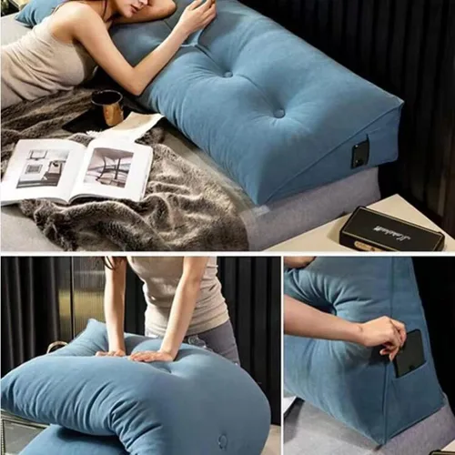 Vista 3 de Almohada triangular grande de apoyo de posicionamiento para leer en la cama, cojín lumbar para sofá cama, almohada de cabecera de cuña con funda Azul
