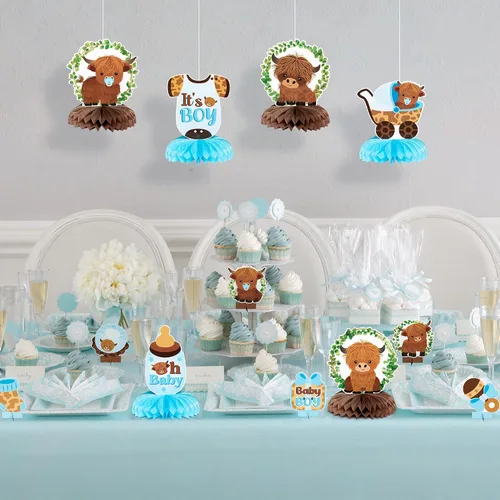 Vista 5 de 12 centros de mesa de nido de abeja de vaca de las tierras altas azules, decoración de mesa de ganado de las tierras altas, decoración de mesa