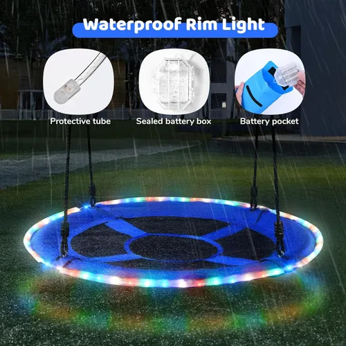 Vista 4 de Trekassy Columpio de árbol de platillo de 40 pulgadas con luces LED para niños y adultos, al aire libre, 2 correas para colgar en árboles, color azul