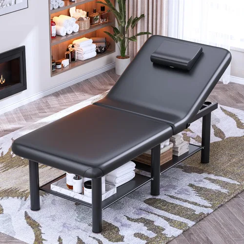 Vista 3 de Mesa de masaje plegable estacionaria, mesa de tratamiento con respaldo ajustable y gran espacio de almacenamiento, amplia mesa de masaje con marco