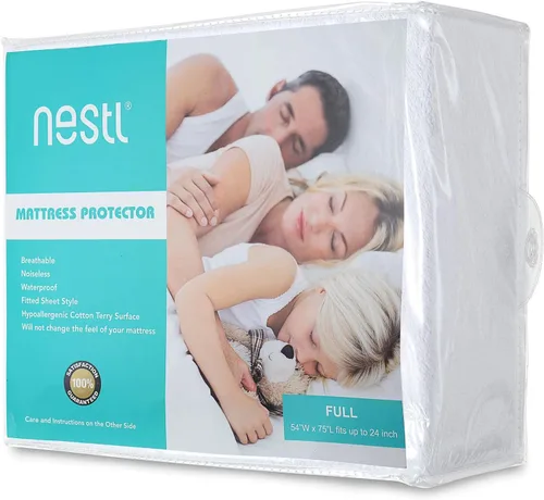 Vista 7 de Nestl Protector de colchón de rizo de algodón de alta calidad, suave e impermeable, protector de colchón de bolsillo de 14 pulgadas de profundidad