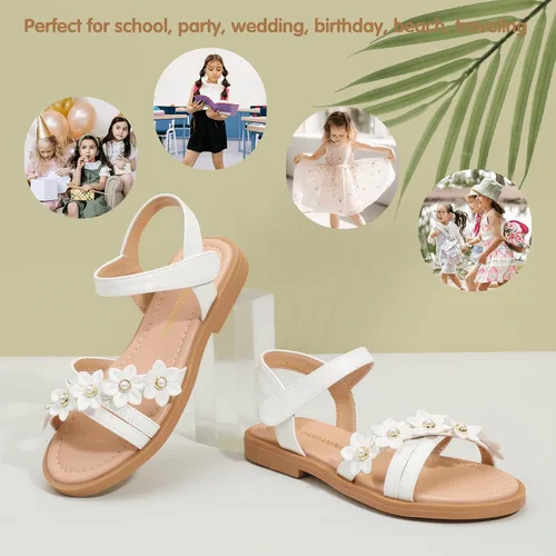 Vista 5 de PANDANINJIA Mona - Sandalias planas para niñas pequeñas y pequeñas para niños, bonitas sandalias de vestir con punta abierta, zapatos de verano