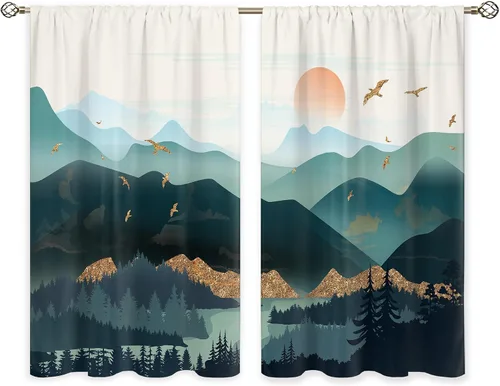 Vista 6 de Cortinas de cocina pequeñas de montaña abstracta verde azulado, tratamiento de ventana de montaña, naturaleza, puesta de sol, paisaje, cafetería