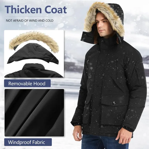 Vista 2 de JYG - Chaqueta de invierno gruesa para hombre, parka acolchada con capucha extraíble de piel sintética Negro