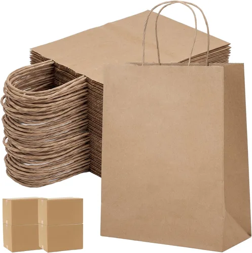 Vista 23 de OUTUXED 60 bolsas de papel marrón de 8 x 4 x 10 pulgadas con asas, bolsas Marrón 8x4x10in