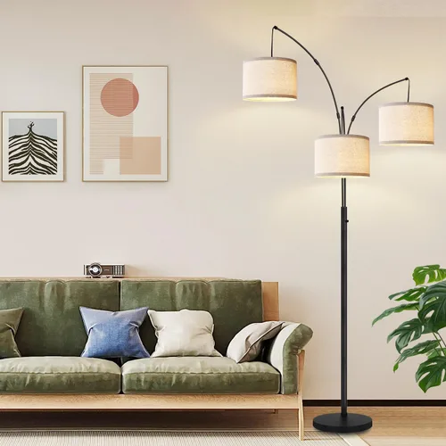 Vista 5 de Lámpara de pie regulable: 3 luces de arco para sala de estar, lámpara de pie alta moderna de 1000 lm con pantallas blancas y base pesada, lámpara