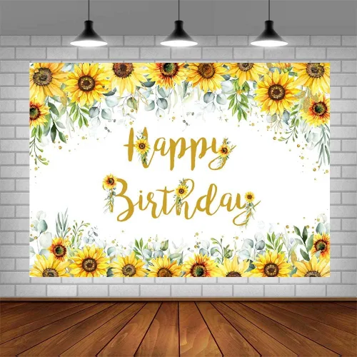 Vista 4 de AIBIIN Telón de fondo de cumpleaños de girasol de 7 x 5 pies para niñas y mujeres, decoraciones de fiesta de feliz cumpleaños, cartel de fiesta