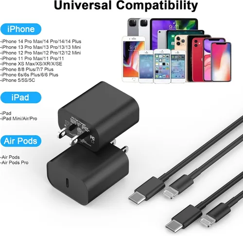 Vista 4 de [Certificado Apple MFi] Cargador de iPhone de carga rápida de 6 pies compatible con iPhone 14/13/12/11 Pro Max/Xs Max/XR/X, paquete de 2, bloque