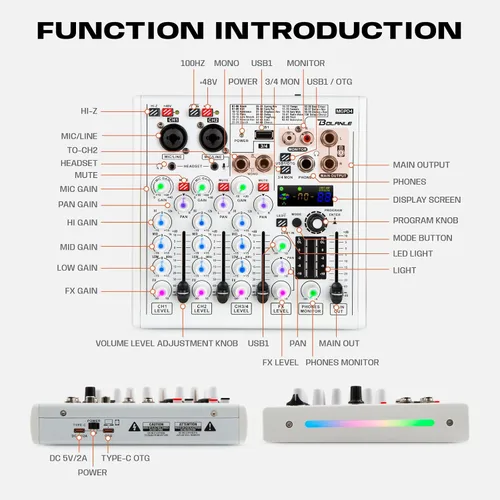 Vista 7 de Bolanle Mezclador DJ de 4 canales con 100 efectos DSP, interfaz de audio USB y Bluetooth, tarjeta de sonido profesional para podcast, karaoke
