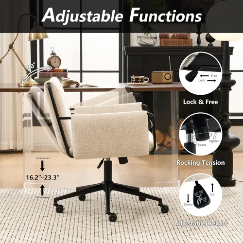 Vista 4 de Rowill Silla de oficina moderna, tela beige Boucle, altura ajustable, capacidad de 300 libras, ruedas, reposabrazos, perfecta para oficina en casa