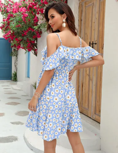 Vista 6 de FUNJULY Vestido de lactancia de maternidad para mujer, cuello en V, tirantes delgados, manga con volantes, estampado de margaritas, vestido