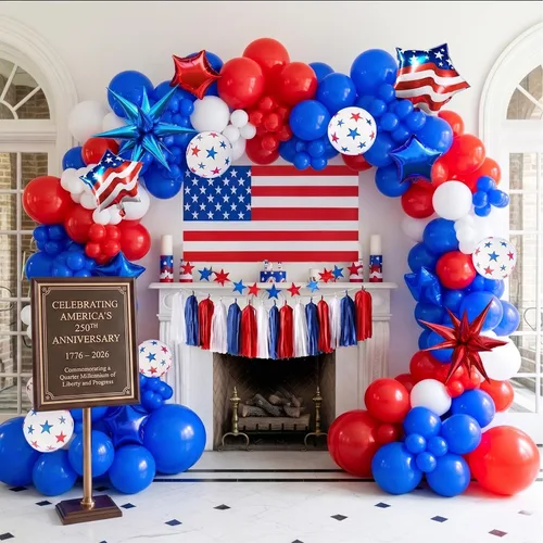 Vista 9 de Decoraciones de fiesta de cumpleaños con temática de circo e incluyen guirnalda de globos rojos, azules y amarillos y globos de papel de aluminio