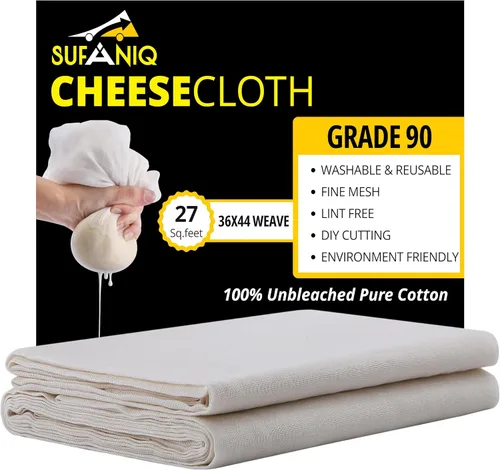 Vista 11 de Sufaniq Paños de Queso, Grado 90 (9 Pies Cuadrados) Estopilla Reutilizable de Algodón 100% Puro, Tela Ultrafina Sin Blanquear, Estopilla para Colar
