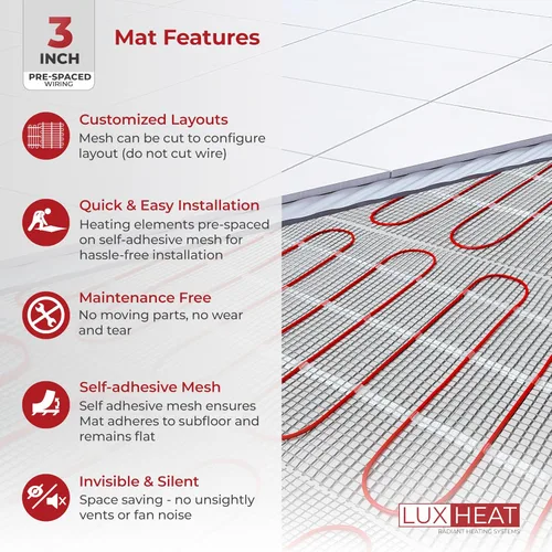 Vista 4 de Kit de alfombrilla de calefacción de suelo LuxHeat de 10 pies cuadrados - Alfombrilla de calefacción eléctrica de 120V con termostato - Sistema