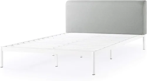 Vista 4 de Mellow BREE - Cama de plataforma de metal con cabecera curvada y tapizada, listones de acero, fácil montaje, gris cielo, tamaño matrimonial