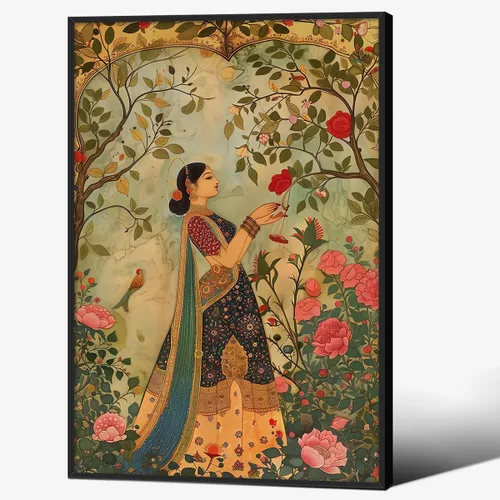 Vista 34 de Haitunone Arte de pared de mujer india paquistaní tradicional, póster de pintura floral feminista estilo mogol, impresiones en lienzo para sala