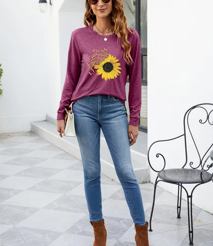 Vista 6 de Camiseta de otoño con estampado de girasol para mujer, diseño casual, holgada, manga larga, cuello redondo, túnica