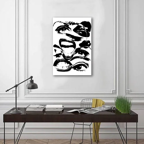 Vista 5 de Arte de pared retro hipster – Arte extraño en blanco y negro de los años 70 con ojos femeninos y labios – Impresión abstracta preppy – Decoración