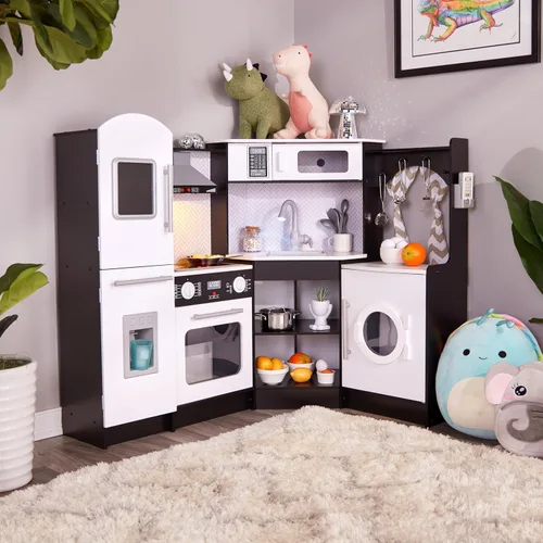 Vista 9 de Lil' Jumbl Juego de cocina de esquina para niños, cocina de lujo de madera de simulación, máquina de hielo a pilas, estufa y grifo con sonido Negro