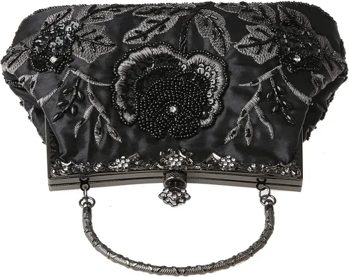 Vista 5 de Bolso de mano de estilo vintage con cuentas florales y strass para mujer, con bordado de lentejuelas, bandolera para novia, boda, fiesta