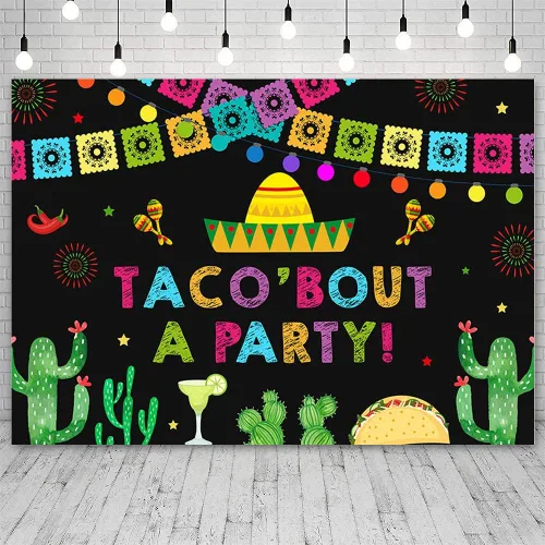 Vista 2 de Telón de fondo de fiesta de 7 x 5 pies, banderas coloridas de cactus, fondo de fotografía, decoración de baby shower, fiesta mexicana, despedida