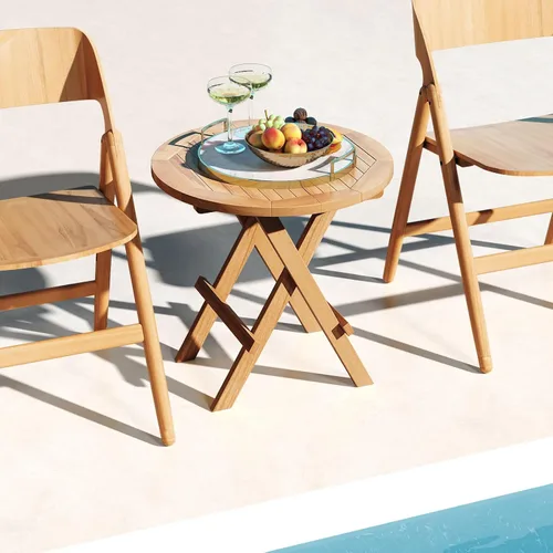Vista 9 de RELAX4LIFE Mesa auxiliar plegable para exteriores, juego de 2 mesas auxiliares de madera de teca, mesa redonda de café bistró con mesa de listones