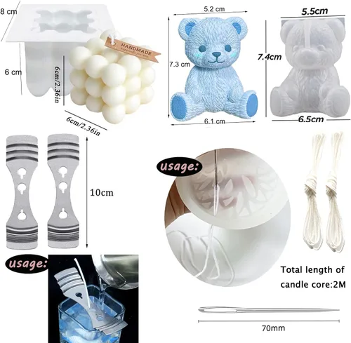 Vista 2 de Molde de silicona de oso de peluche 3D de burbujas y bolas superpuestas 3D con soportes para agujas de vela para decoración de mesa de jabón de vela