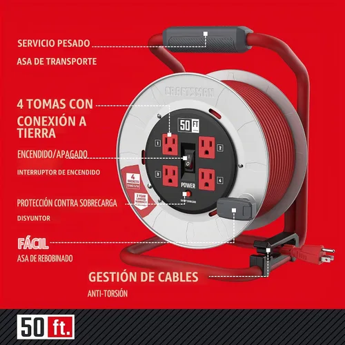Vista 2 de CRAFTSMAN Carrete de cable de extensión retráctil de 50 pies, Edición del Contratista, con 4 tomas de corriente y cable SJTW resistente de 12 AWG