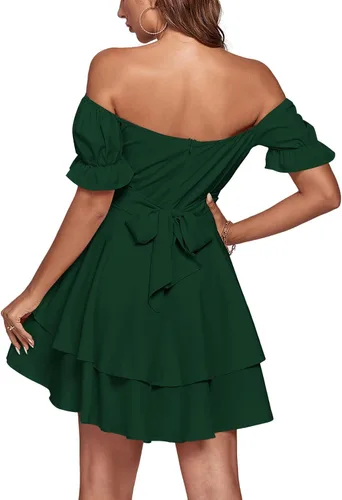 Vista 2 de LYANER Minivestido de manga corta con volantes y hombros descubiertos para mujer