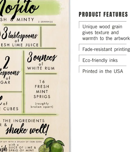 Vista 3 de Lantern Press 6x9 Inch Wood Sign, Ready to Hang Wall Decor, Mojito, Cocktail Recipe