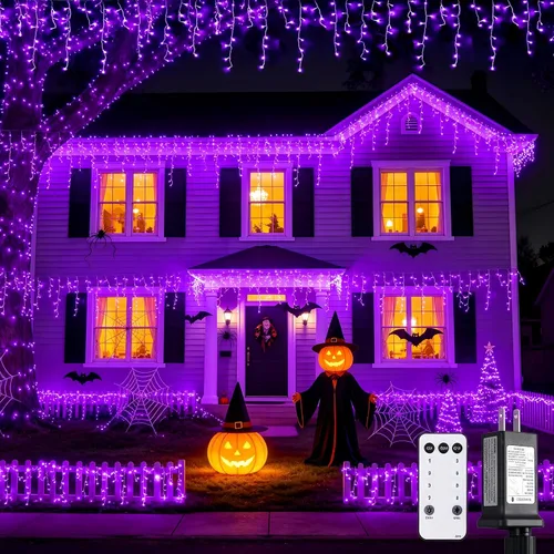 Vista 26 de JMEXSUSS 400 luces LED de Navidad de carámbano de 38.8 pies con control remoto, tira de luces multicolor para exteriores enchufables, 8 modos