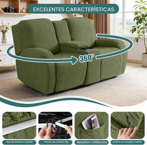 Vista 5 de Ruaozz - Funda elástica para sofá biplaza reclinable con consola, color verde militar