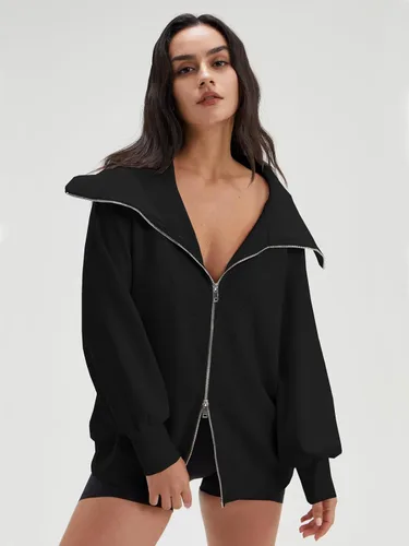 Vista 2 de DEEP SELF Sudaderas de gran tamaño con cremallera completa para mujer, chaqueta casual de manga larga con cuello 2023, ropa de moda de otoño