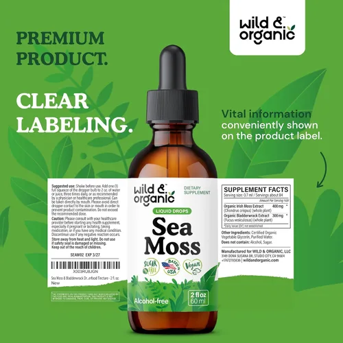 Vista 9 de Wild & Organic Gotas líquidas de musgo marino – Apoyo inmunológico – Tintura de musgo marino irlandés y vejiga – Suplemento multimineral Chondrus
