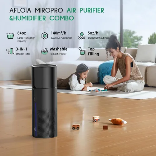 Vista 3 de Afloia Purificador de aire y humidificador 2 en 1, filtración silenciosa de 3 etapas para alergias de mascotas y humo, apagado automático, luz LED