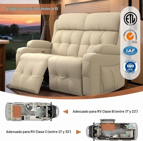 Vista 4 de Sofá reclinable de dos plazas para cine en casa, sofá reclinable de pared con USB, portavasos, sillón reclinable de tela de guijarros, sofá cama