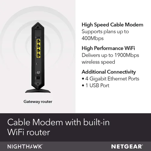 Vista 2 de Netgear Nighthawk - Combo de módem de cable y enrutador WiFi C7000-Compatibilidad con proveedores de cable, incluyendo Xfinity de Comcast, Spectrum
