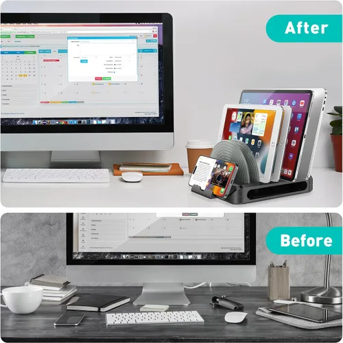 Vista 7 de Soporte vertical para laptop y organizador de escritorio, base ajustable para MacBook, iPad, teléfono