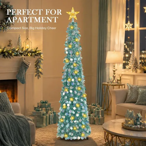 Vista 5 de MACTING Árbol de Navidad desplegable con 50 luces LED con temporizador, 5 pies, árbol de lápiz de oropel plegable de fácil montaje, árbol artificial