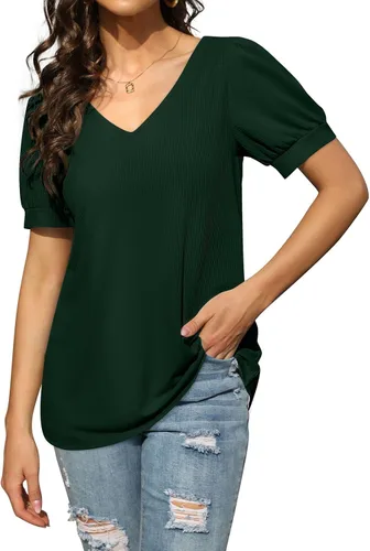Vista 3 de OFEEFAN T Shirts for Women V Neck Summer Tops Puff Sleeve Loose Fit Basic Casual