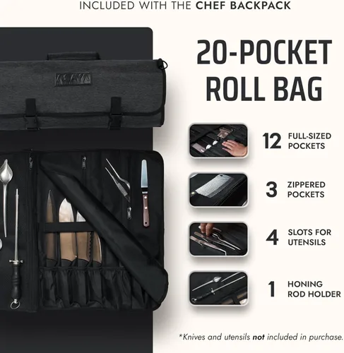 Vista 3 de Asaya - Mochila para cuchillos de chef con bolsa enrollable para 20 cuchillos de bolsillo - Más de 30 bolsillos para cuchillos - Los cuchillos