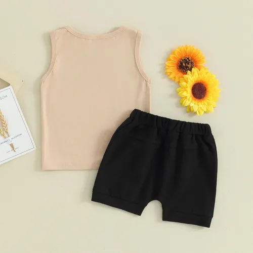 Vista 63 de Ropa de bebé niño sin mangas + pantalones cortos con estampado a rayas con bolsillos, 2 piezas de trajes de verano