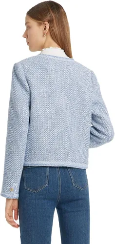 Vista 6 de GOELIA Blazer de tweed para mujer, cuello redondo, manga larga, color azul, con dos bolsillos