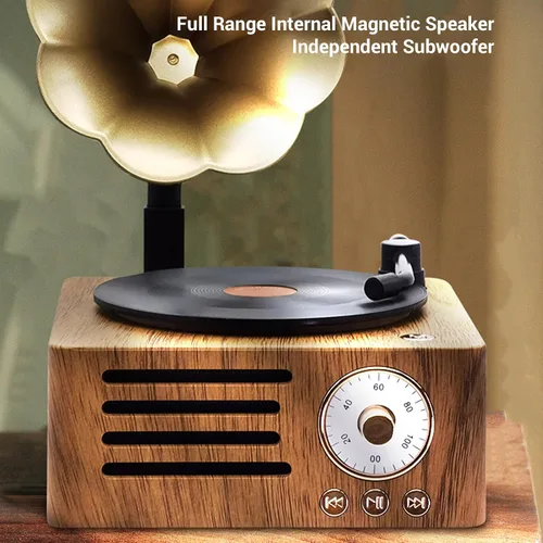Vista 2 de Altavoz de tocadiscos vintage, tocadiscos portátil de grano de madera, altavoz Bluetooth con bocina de cobre, función de radio FM, diseño compacto
