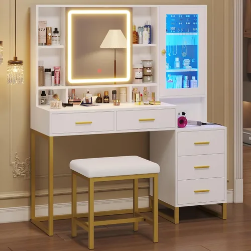 Vista 9 de BTHFST Tocador de maquillaje con taburete tapizado y estación de carga, escritorio con espejo y luces, juego de mesa de tocador con almacenamiento