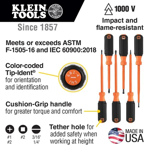 Vista 2 de Klein Tools 85076INS Juego de destornilladores aislados, fabricado en EE. UU., cuenta con destornilladores eléctricos de 1000V, (3) puntas Phillips